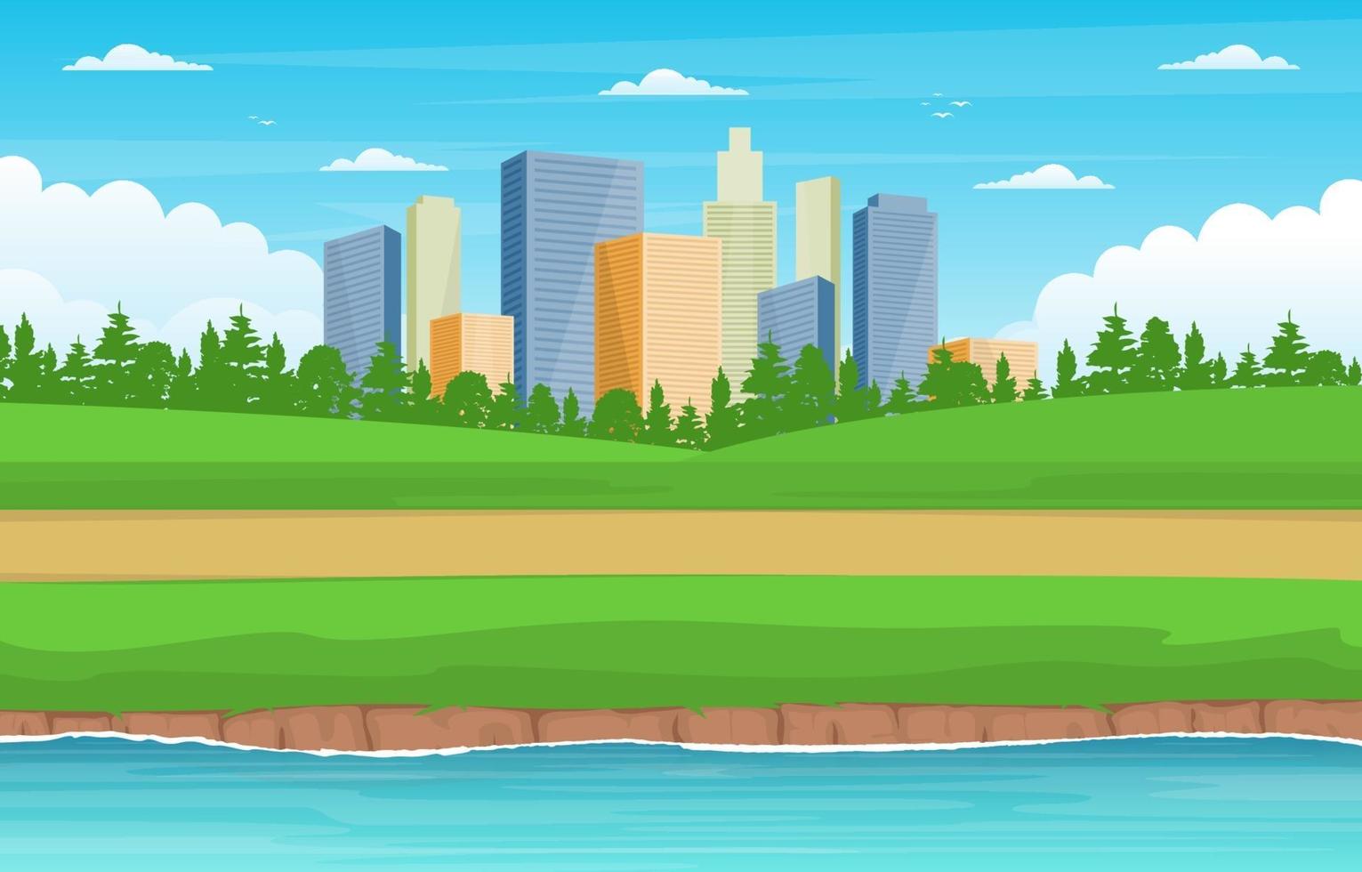 stad skyline park, bomen en rivier illustratie vector