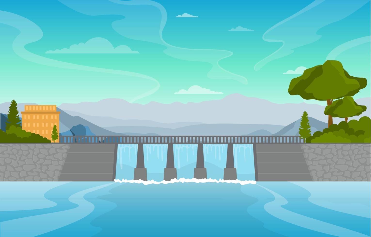 rivier stroomt door grote dam illustratie vector