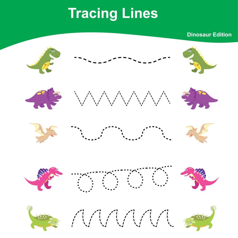 traceren lijnen spel dinosaurus editie. leerzaam werkblad. werkblad werkzaamheid voor peuter- kinderen. peuter- onderwijs. vector illustratie.