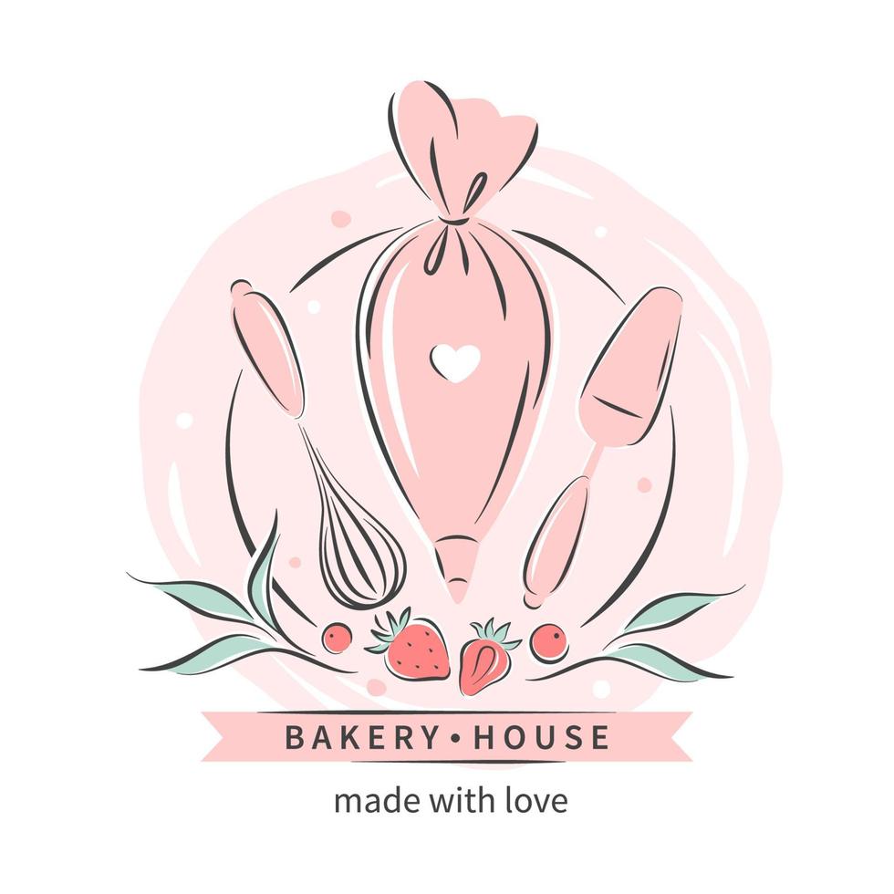 bakkerij huis. reeks van gereedschap voor maken taarten, koekjes en gebakjes. logo voor banketbakkerij of bakkerij. vector illustratie voor menu, recept boek, bakken winkel, cafe.