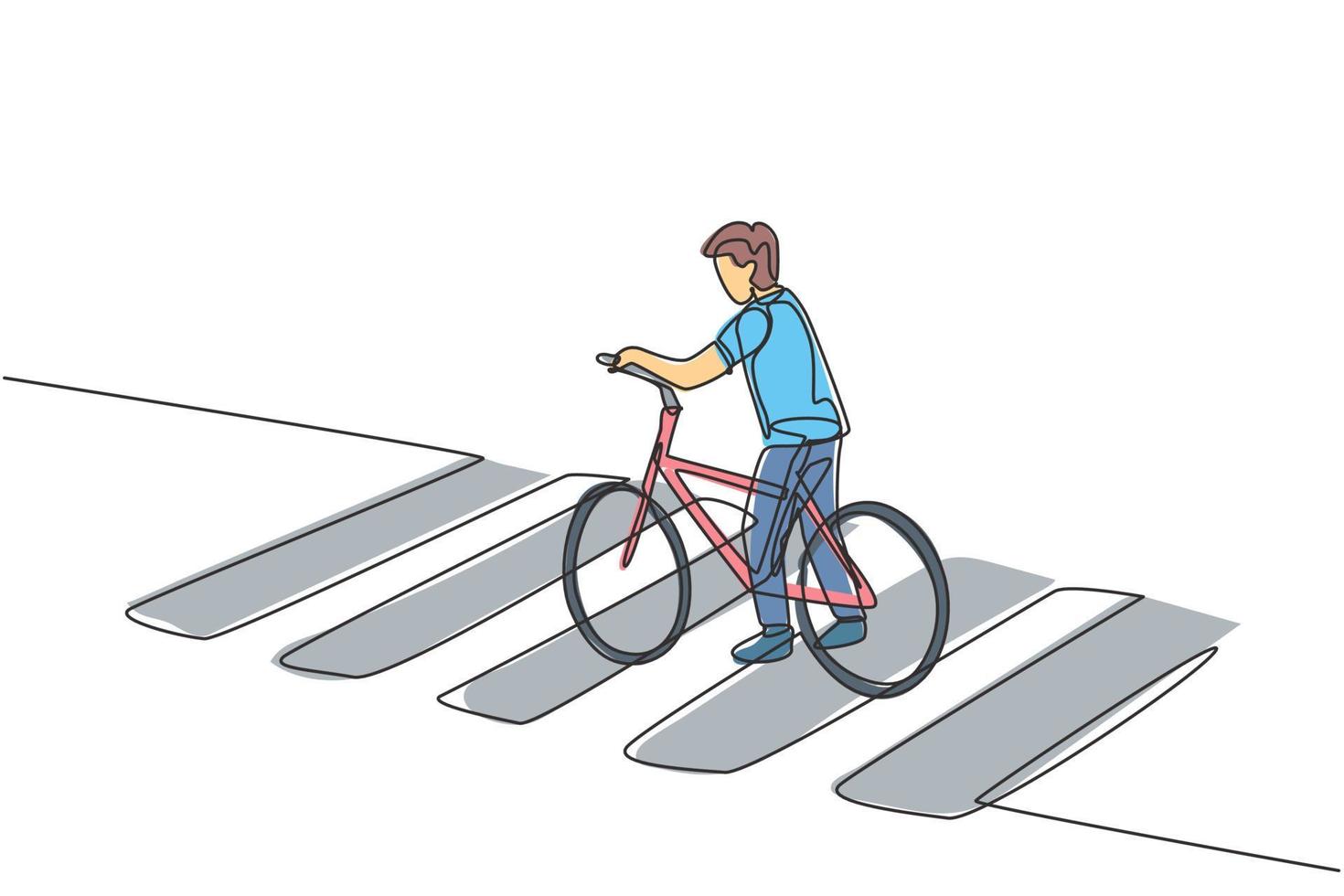 single een lijn tekening van een jong Mens rijden een fiets kruispunt de zebra kruispunt Bij een kruispunt. wielersport heeft worden een levensstijl voor stedelijk mensen. een lijn trek ontwerp grafisch vector illustratie.