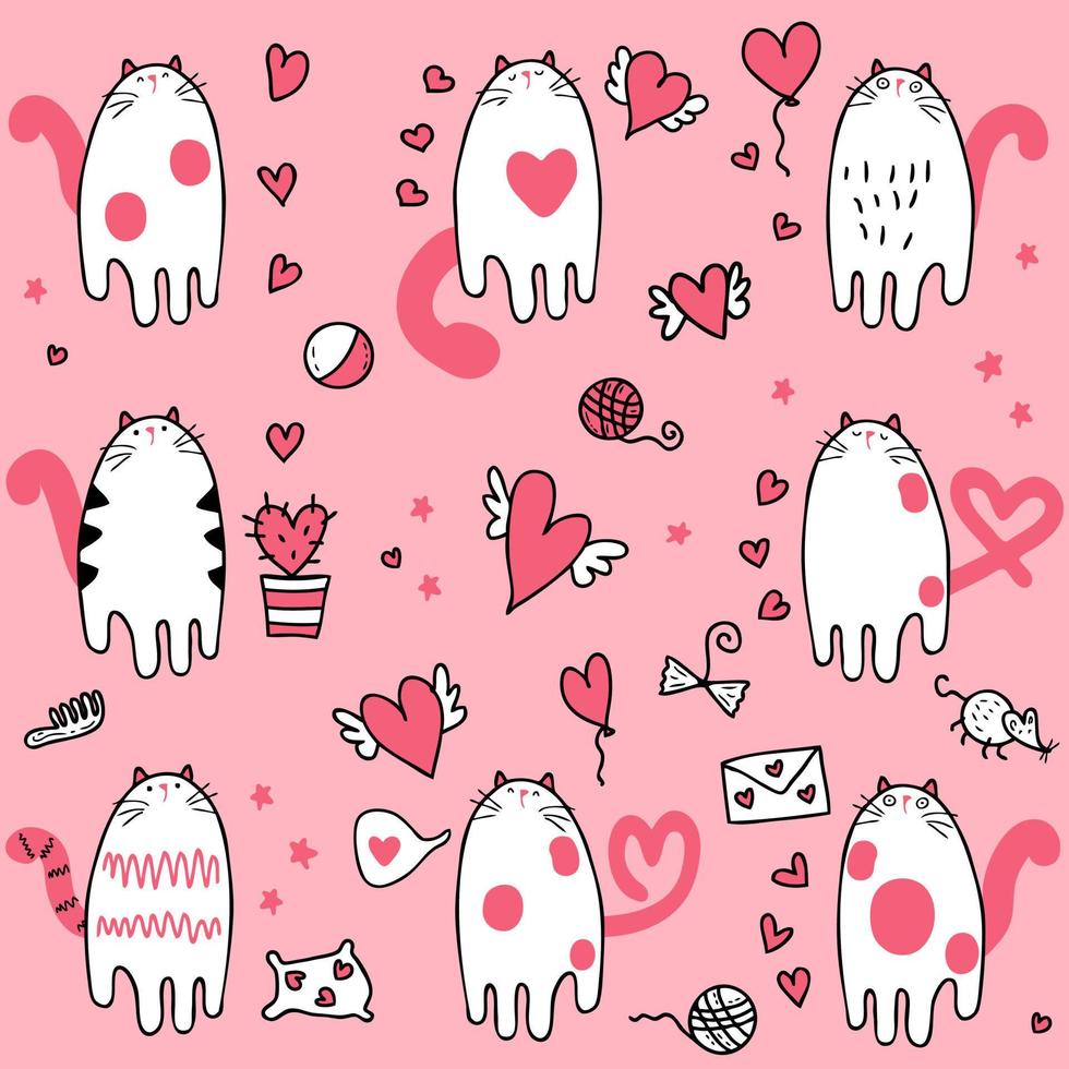 hand- getrokken Valentijnsdag kat verzameling in gemakkelijk tekening stijl. vector