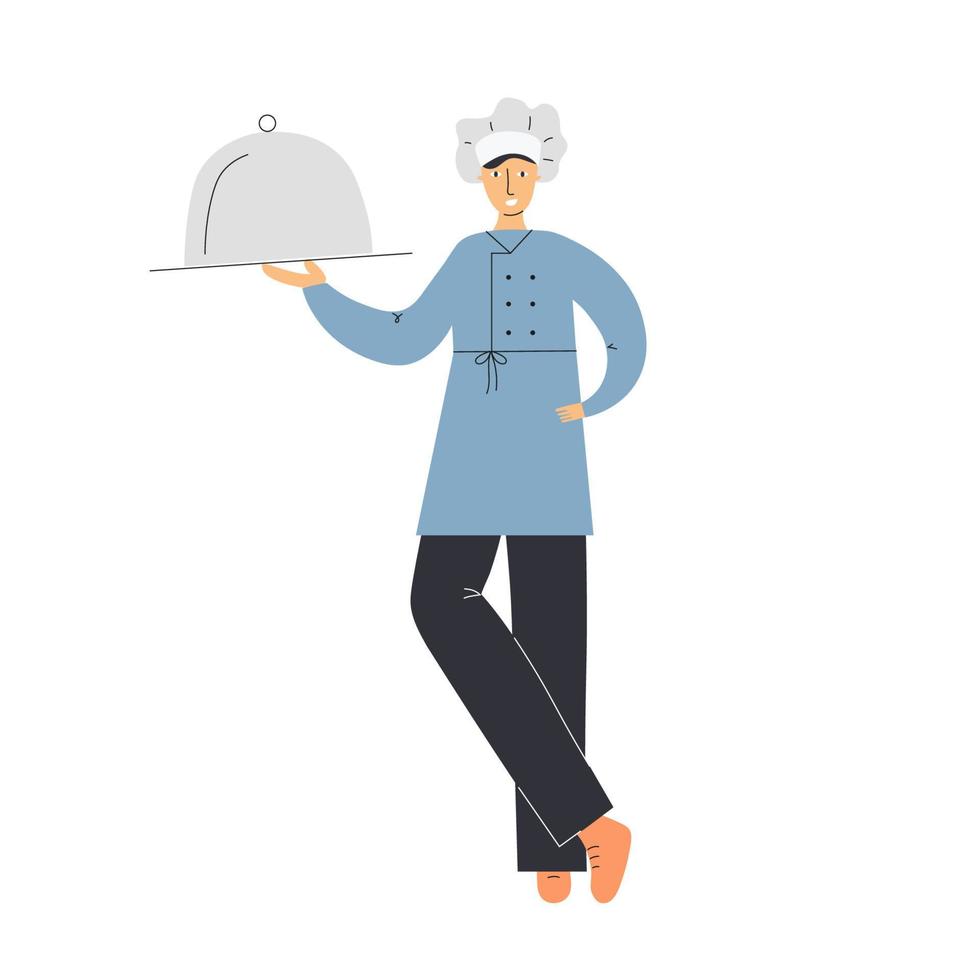 professioneel meester chef in uniform Holding dienblad en demonstreren gerecht. professioneel functie, beroep minimalistische concept. chef karakter. restaurant concept. koken. vlak vector illustratie