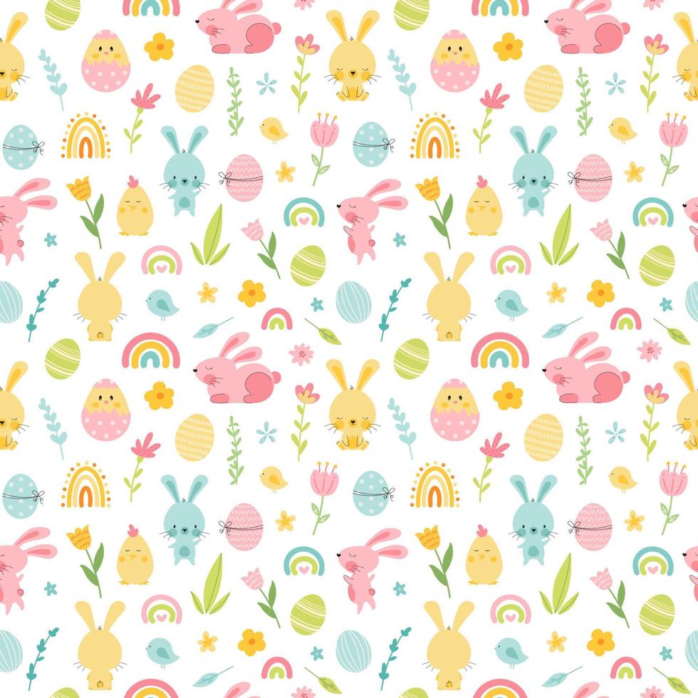 schattig naadloos patroon met Pasen konijn en eieren, regenboog, bloemen, kuiken. Pasen tekening achtergrond, Super goed voor textiel, spandoeken, achtergronden, omhulsel - vector ontwerp