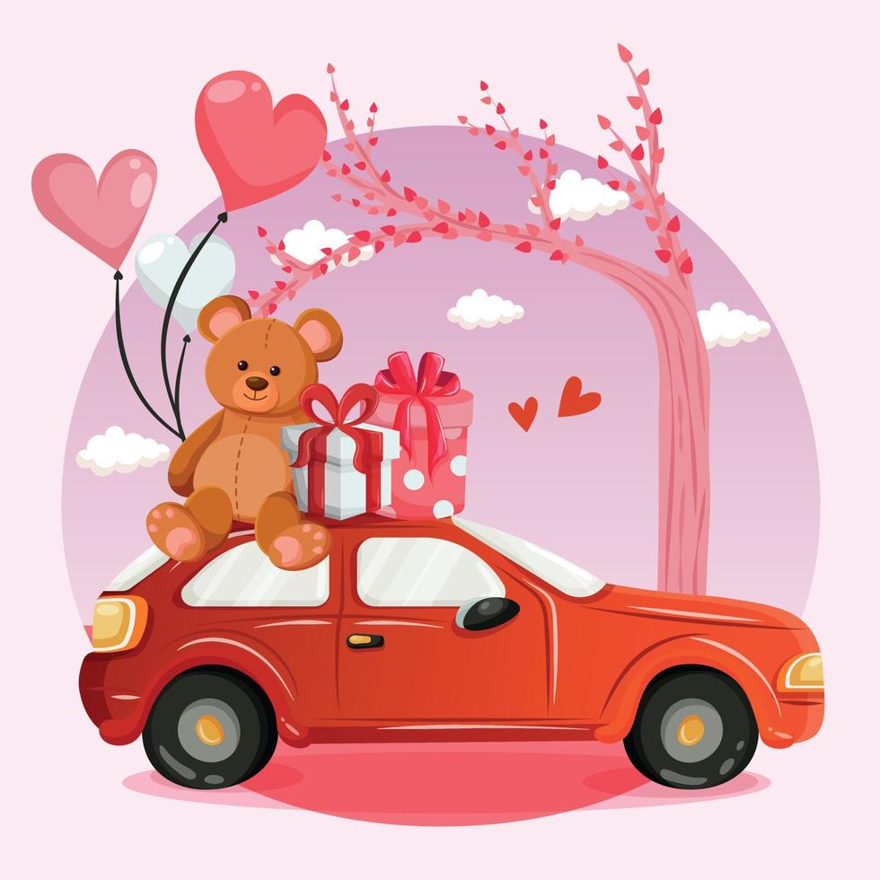 rood modern auto met een teddy beer en geschenk dozen Aan de dak, hart vormig ballen en wolken Aan de achtergrond. Valentijnsdag dag kaart. groet kaart in roze kleuren vector