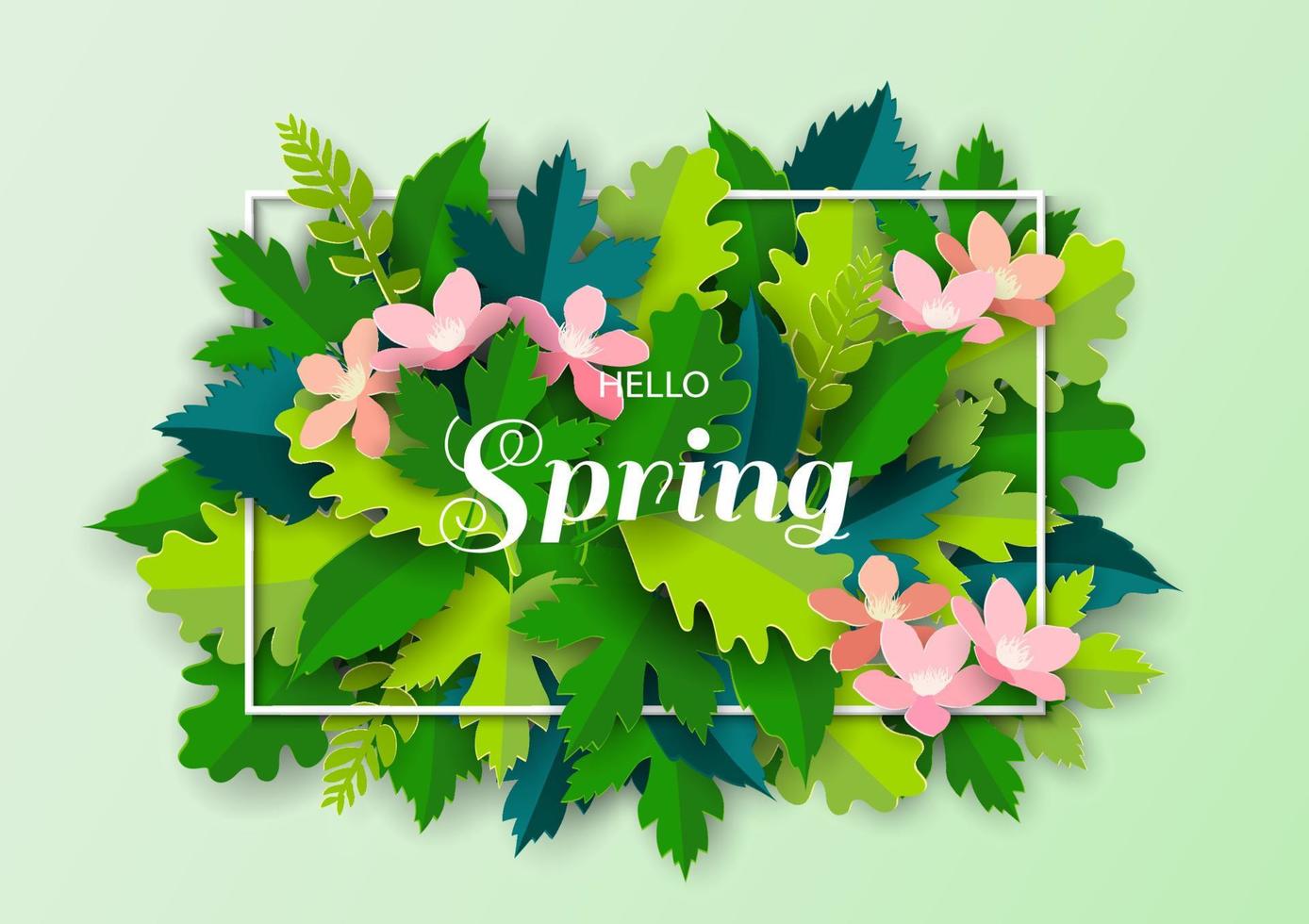 papier kunst van Hallo voorjaar in wit kader met groen bladeren en roze bloemen Aan pastel achtergrond vector