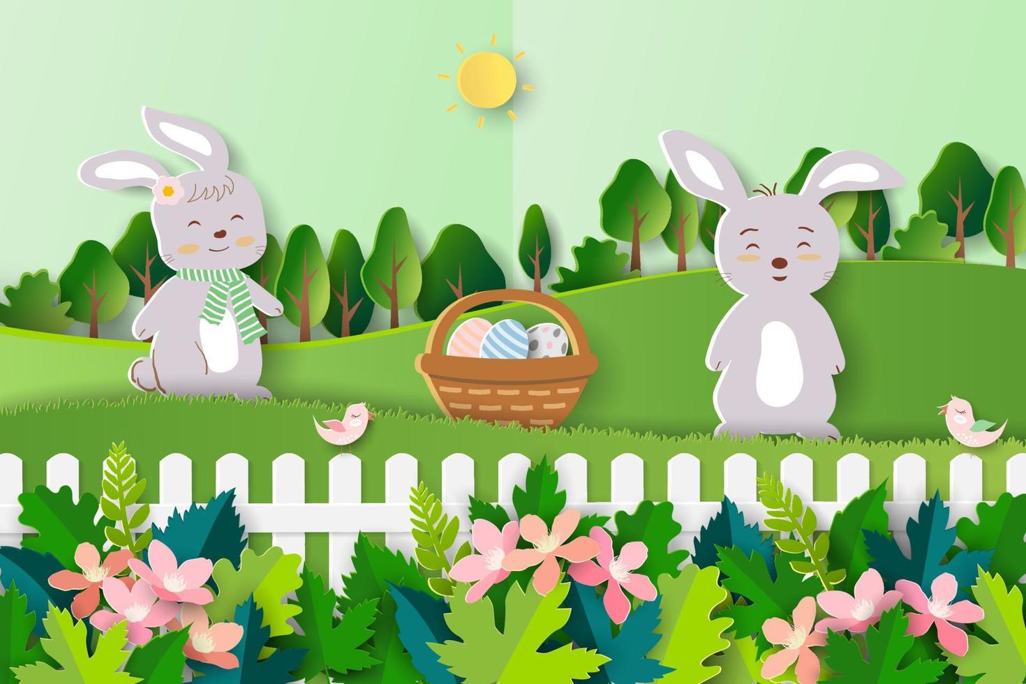 Pasen vakantie groet kaart Aan papier kunst achtergrond, schattig konijnen gelukkig Aan voorjaar tuin met bloeiend roze bloemen en Pasen eieren in de mand vector