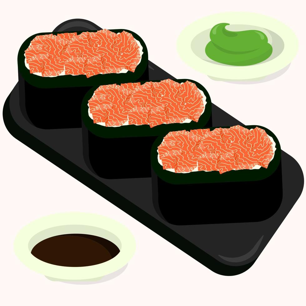 geïsoleerd Gunkan Zalm plakjes sushi met wasabi en shoyu Aan wit achtergrond vector