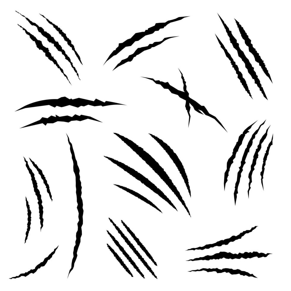 klauwen krassen pictogrammen vector set. klauw merken illustratie teken verzameling. beschadigd papier sporen.