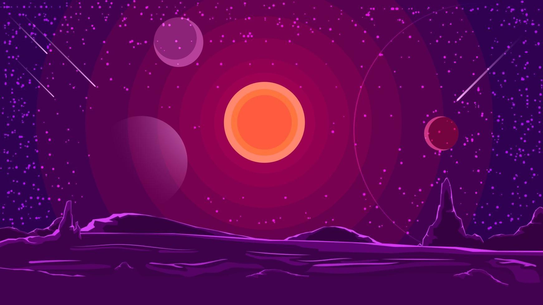 ruimtelandschap met zonsondergang op purpere hemel, aard op een andere planeet. vector illustratie.