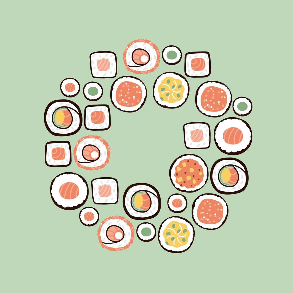 sushi gelegd uit in de vorm van een lauwerkrans. traditioneel voedsel. hand- getrokken vector illustratie in vlak stijl