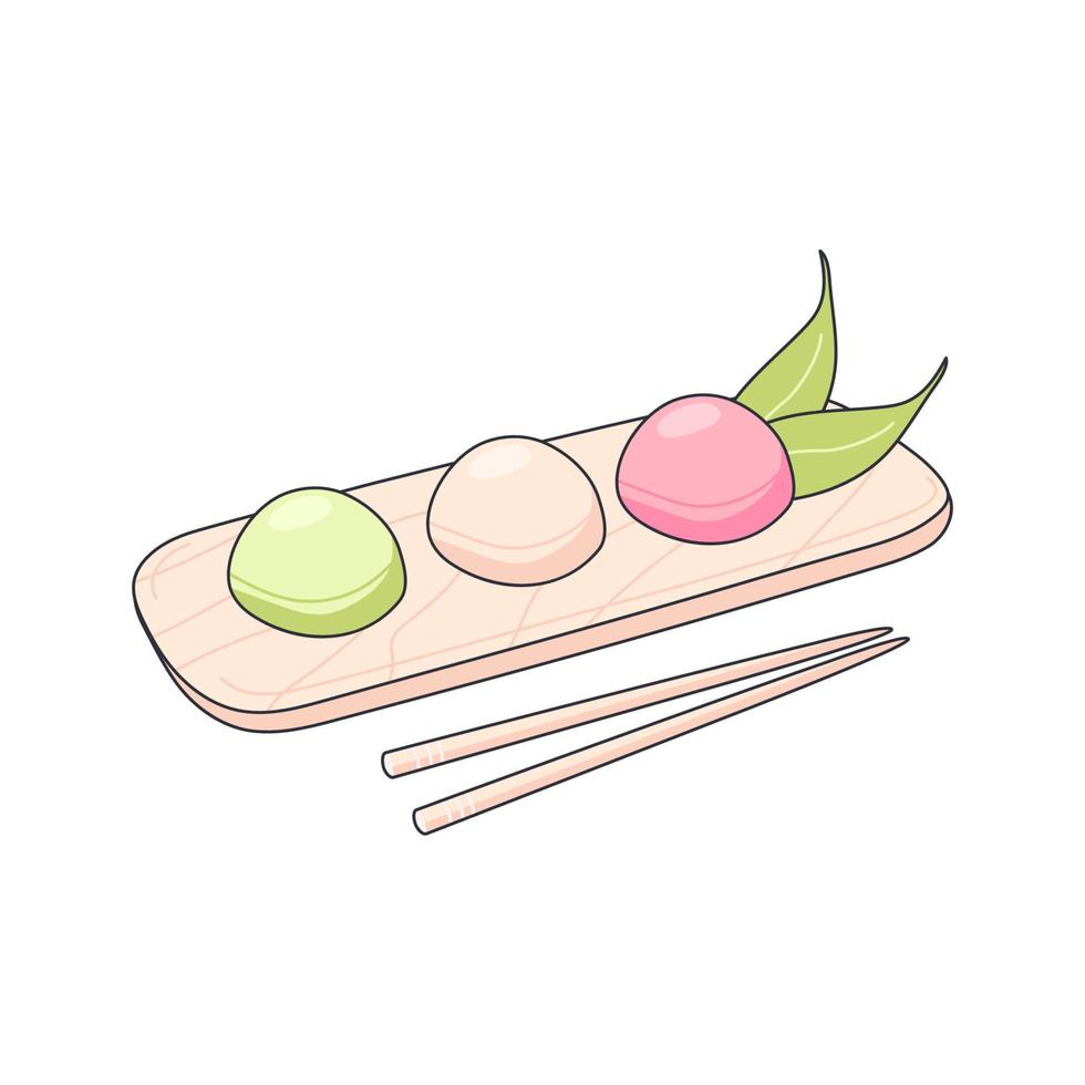 mochi Japans traditioneel zoet. reeks van mochi. Japans Aziatisch snoepgoed. Koken, menu, banier, zoet voedsel, toetje concept. trek in tekening stijl, vector illustratie.