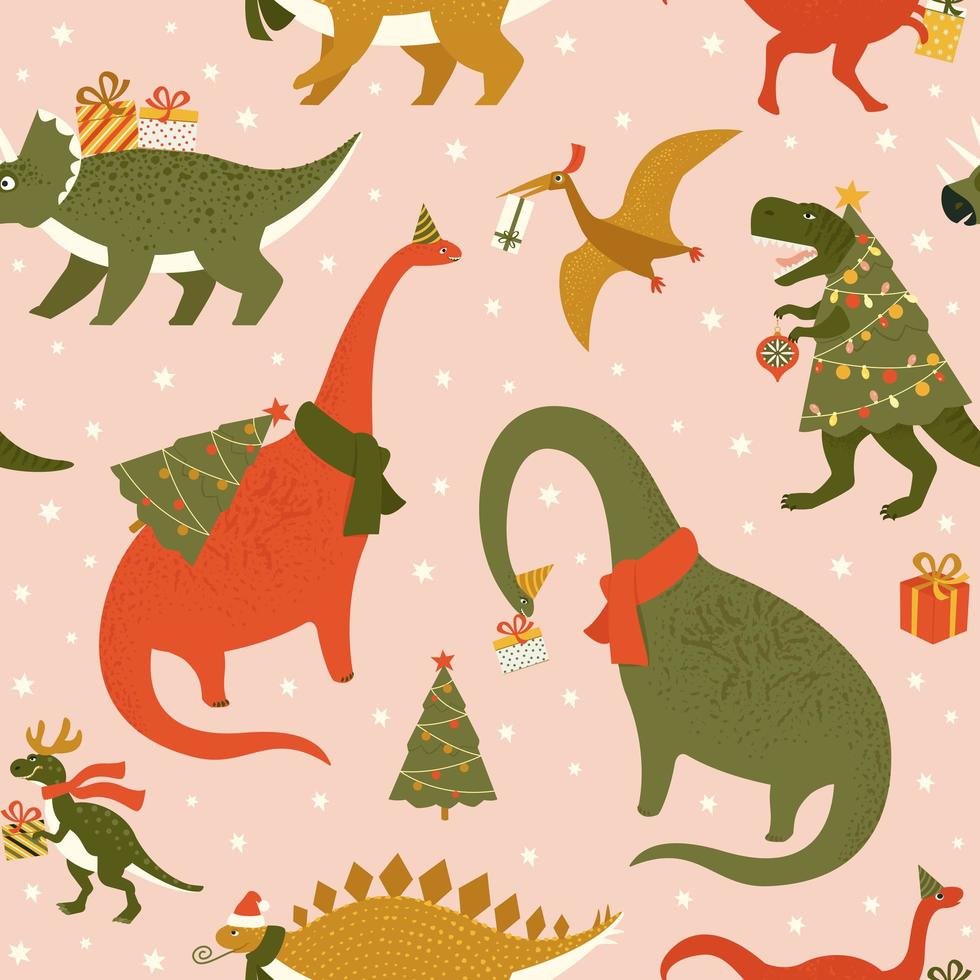 dino kerstboom rex. dinosaurus in kerstmuts siert kerstboom slinger lichten. vectorillustratie van grappig karakter in de vlakke stijl cartoon. vector