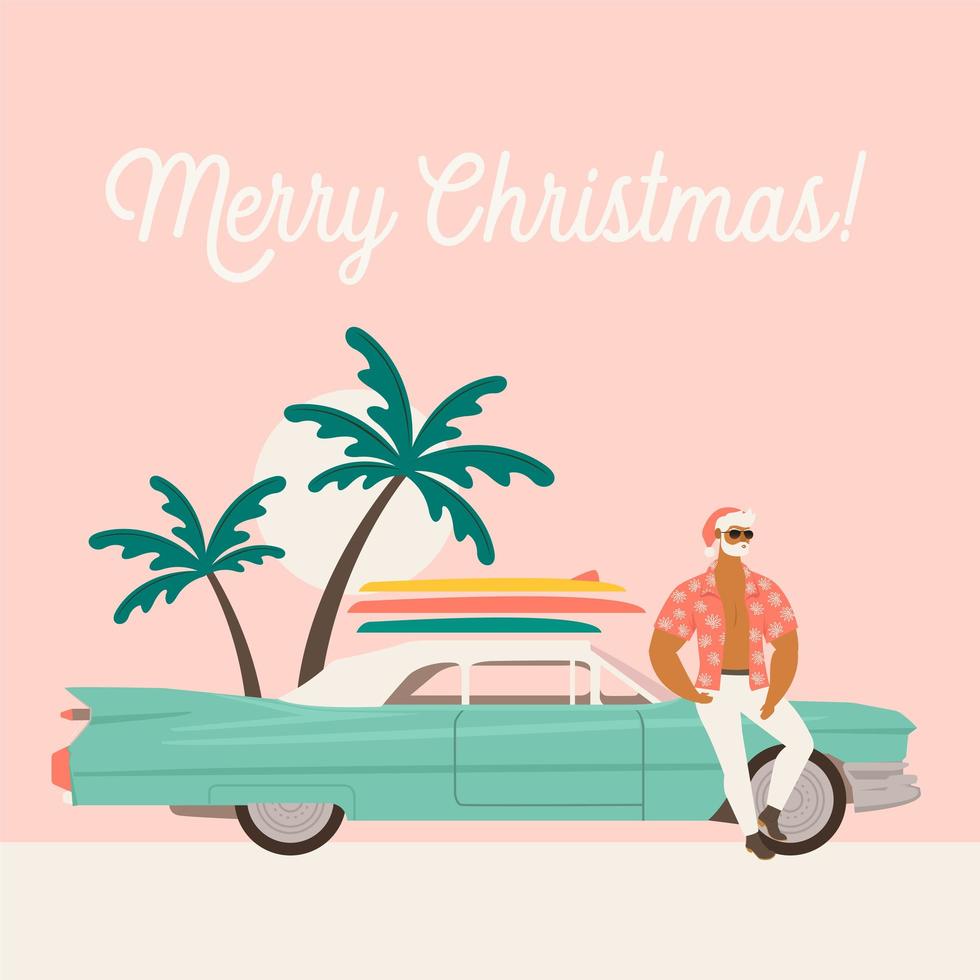 zomervakantie vakantie met de kerstman en auto. platte vectorillustratie. vector