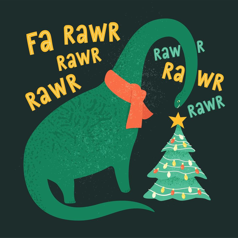 tyrannosaurus kerstboom rex kaart. dinosaurus in kerstmuts siert kerstboom slinger lichten. vectorillustratie van grappig karakter in de vlakke stijl cartoon. vector
