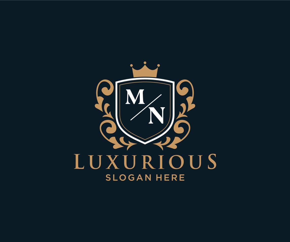 eerste mn brief Koninklijk luxe logo sjabloon in vector kunst voor restaurant, royalty, boetiek, cafe, hotel, heraldisch, sieraden, mode en andere vector illustratie.