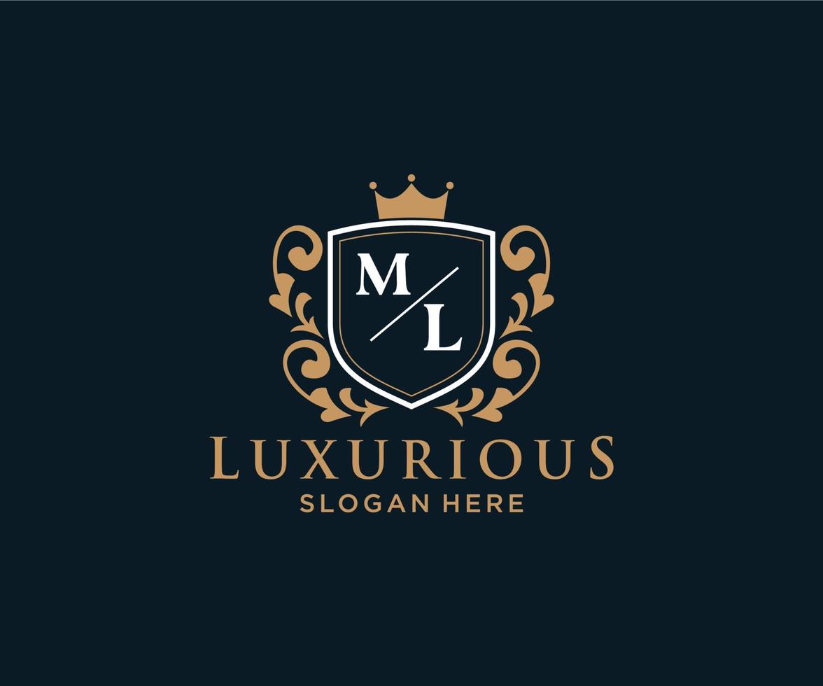 eerste ml brief Koninklijk luxe logo sjabloon in vector kunst voor restaurant, royalty, boetiek, cafe, hotel, heraldisch, sieraden, mode en andere vector illustratie.