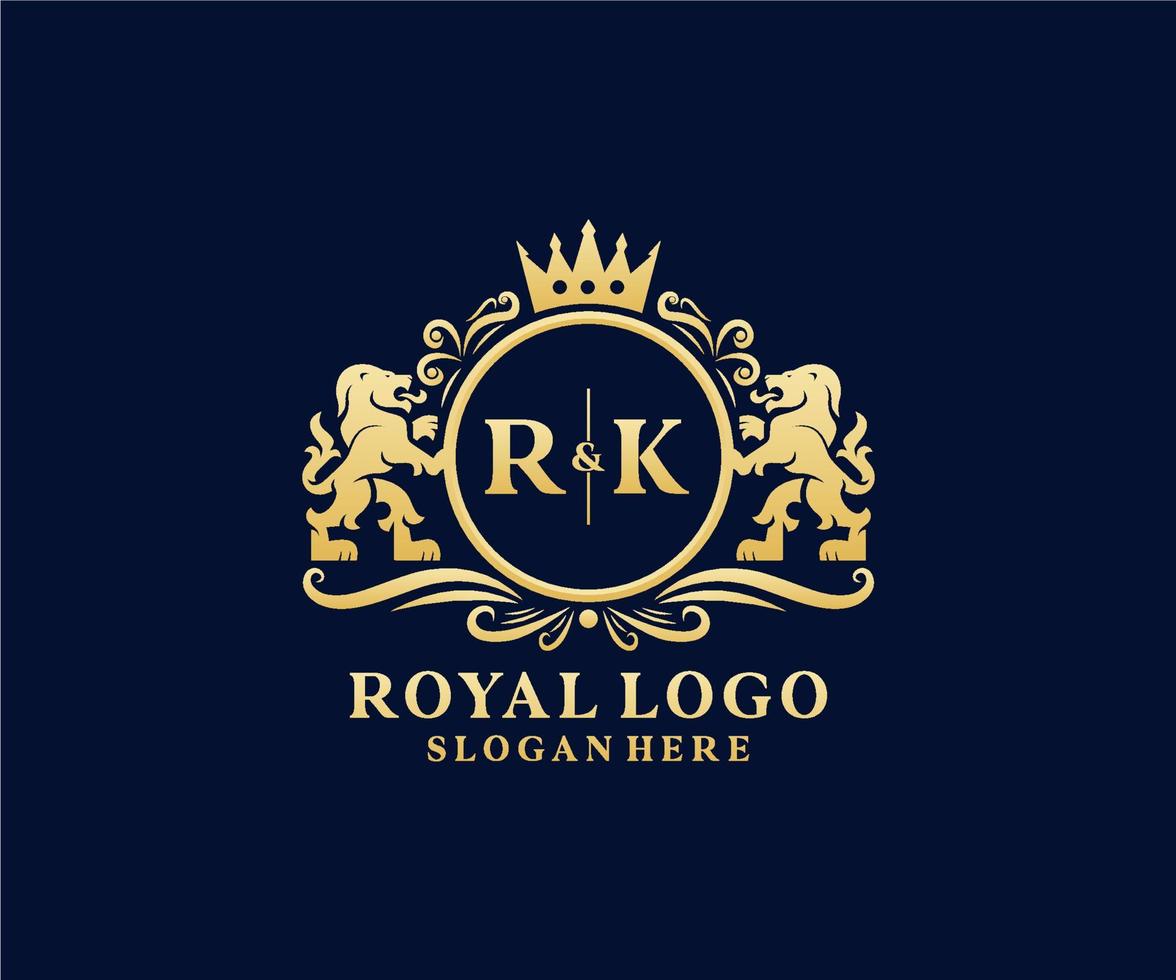 eerste rk brief leeuw Koninklijk luxe logo sjabloon in vector kunst voor restaurant, royalty, boetiek, cafe, hotel, heraldisch, sieraden, mode en andere vector illustratie.