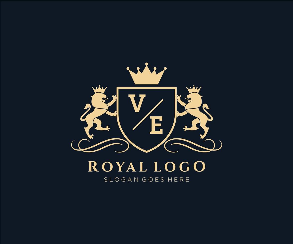 eerste ve brief leeuw Koninklijk luxe heraldisch, wapen logo sjabloon in vector kunst voor restaurant, royalty, boetiek, cafe, hotel, heraldisch, sieraden, mode en andere vector illustratie.