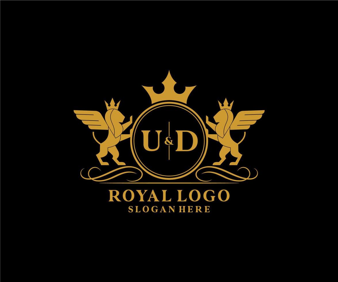 eerste ud brief leeuw Koninklijk luxe heraldisch, wapen logo sjabloon in vector kunst voor restaurant, royalty, boetiek, cafe, hotel, heraldisch, sieraden, mode en andere vector illustratie.