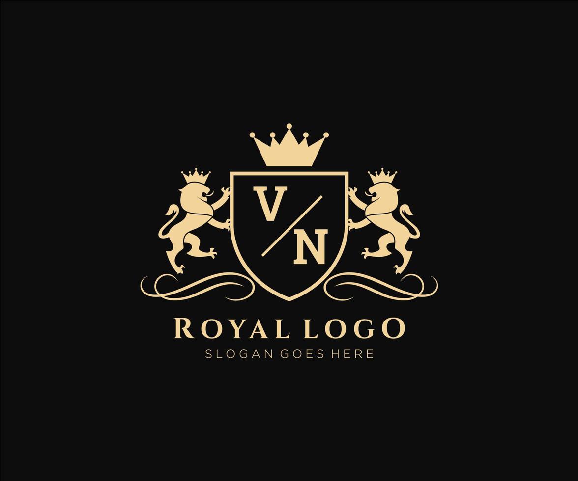 eerste vn brief leeuw Koninklijk luxe heraldisch, wapen logo sjabloon in vector kunst voor restaurant, royalty, boetiek, cafe, hotel, heraldisch, sieraden, mode en andere vector illustratie.