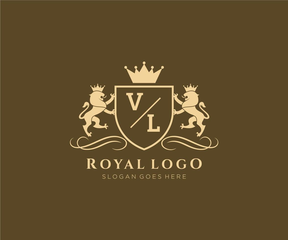 eerste vl brief leeuw Koninklijk luxe heraldisch, wapen logo sjabloon in vector kunst voor restaurant, royalty, boetiek, cafe, hotel, heraldisch, sieraden, mode en andere vector illustratie.