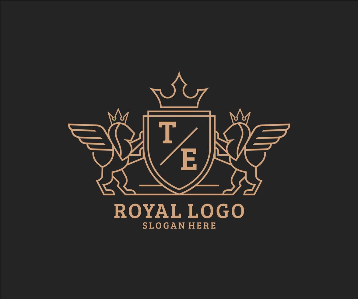 eerste te brief leeuw Koninklijk luxe heraldisch, wapen logo sjabloon in vector kunst voor restaurant, royalty, boetiek, cafe, hotel, heraldisch, sieraden, mode en andere vector illustratie.