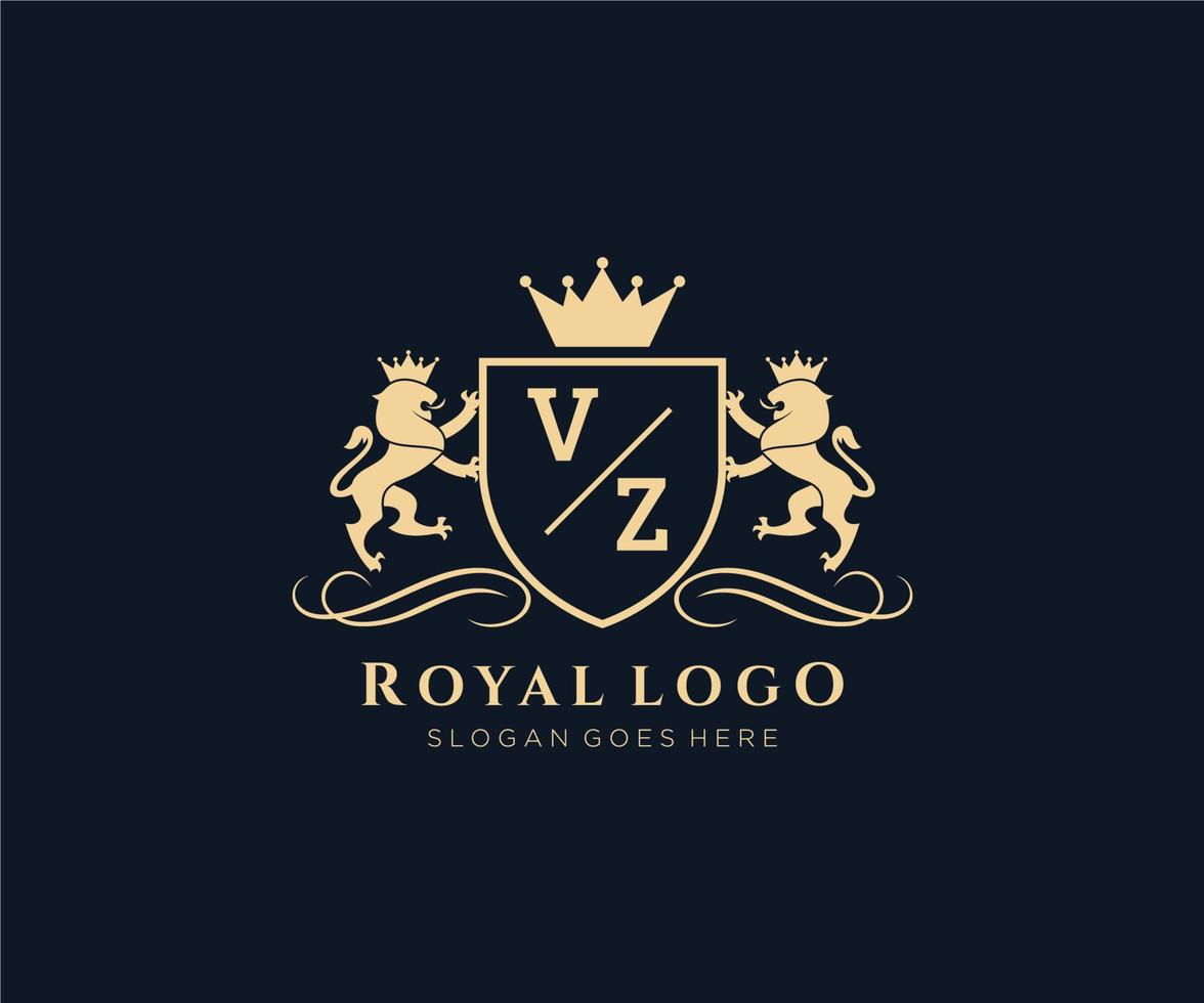 eerste vz brief leeuw Koninklijk luxe heraldisch, wapen logo sjabloon in vector kunst voor restaurant, royalty, boetiek, cafe, hotel, heraldisch, sieraden, mode en andere vector illustratie.