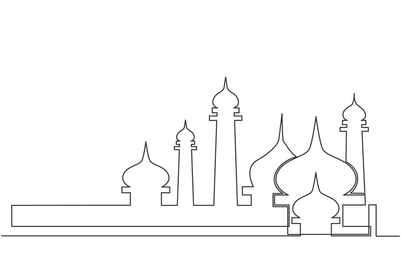 single doorlopend lijn tekening van moskee, masjid koepel en masjid toren ornament. eid al fitr mubarak en Ramadan kareem groet kaart concept een lijn trek ontwerp vector illustratie