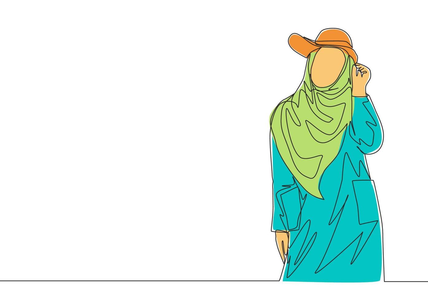 een single lijn tekening van jong gelukkig schoonheid muslimah vervelend schattig hoed en houding netjes. mooi Aziatisch vrouw model- in modieus hijab mode concept doorlopend lijn trek ontwerp vector illustratie