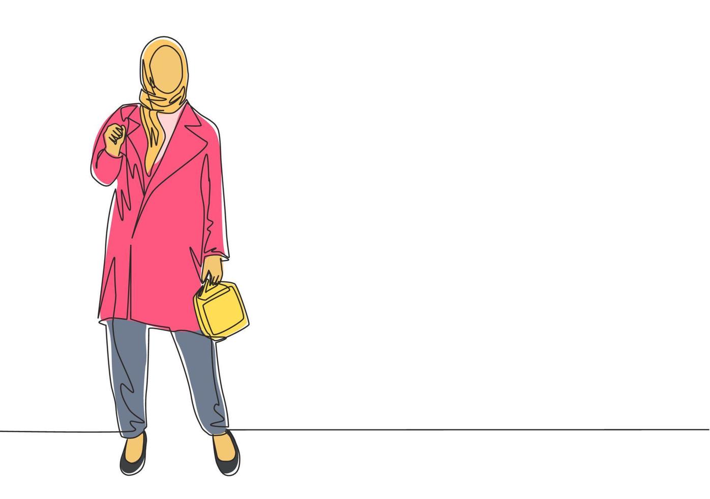 een single lijn tekening van jong gelukkig muslimah houding staand en klaar naar Gaan chillen. mooi Aziatisch vrouw model- in modieus hijab mode concept doorlopend lijn trek ontwerp vector illustratie