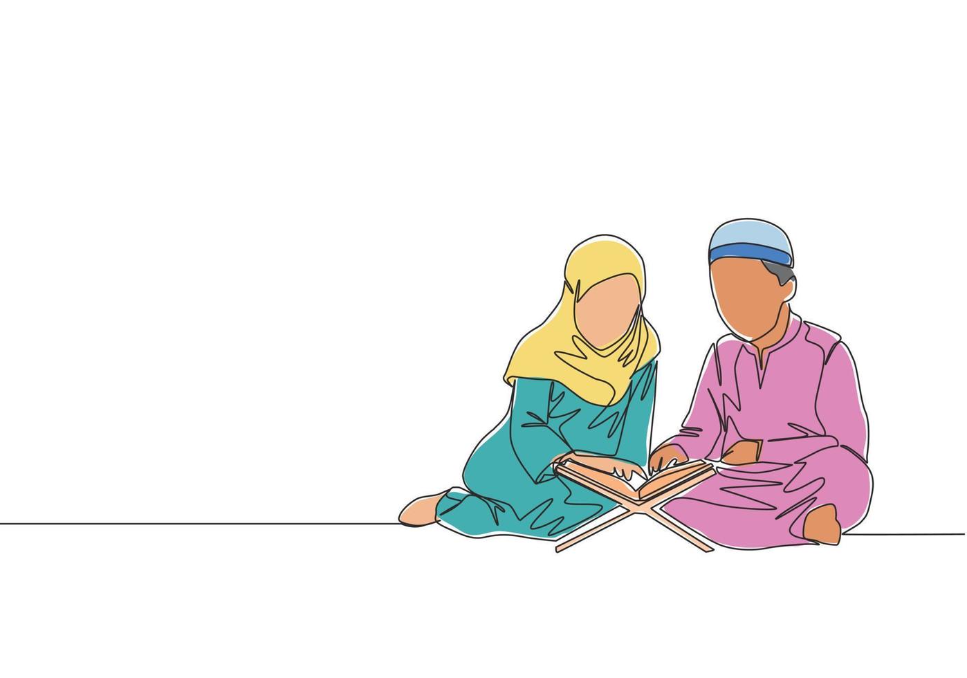 een doorlopend lijn tekening van moslim en muslimah kinderen lezing en reciteren koran. Islamitisch heilig dag Ramadan kareem en eid mubarak groet kaart concept single lijn trek ontwerp vector illustratie