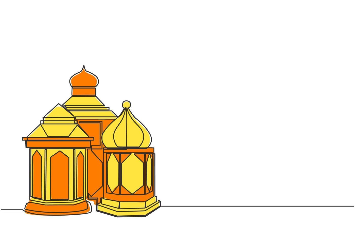 Ramadan kareem groet kaart, poster en banier ontwerp achtergrond. een doorlopend lijn tekening van Islamitisch ornament lantaarn lampen. Islamitisch festival single lijn trek vector illustratie