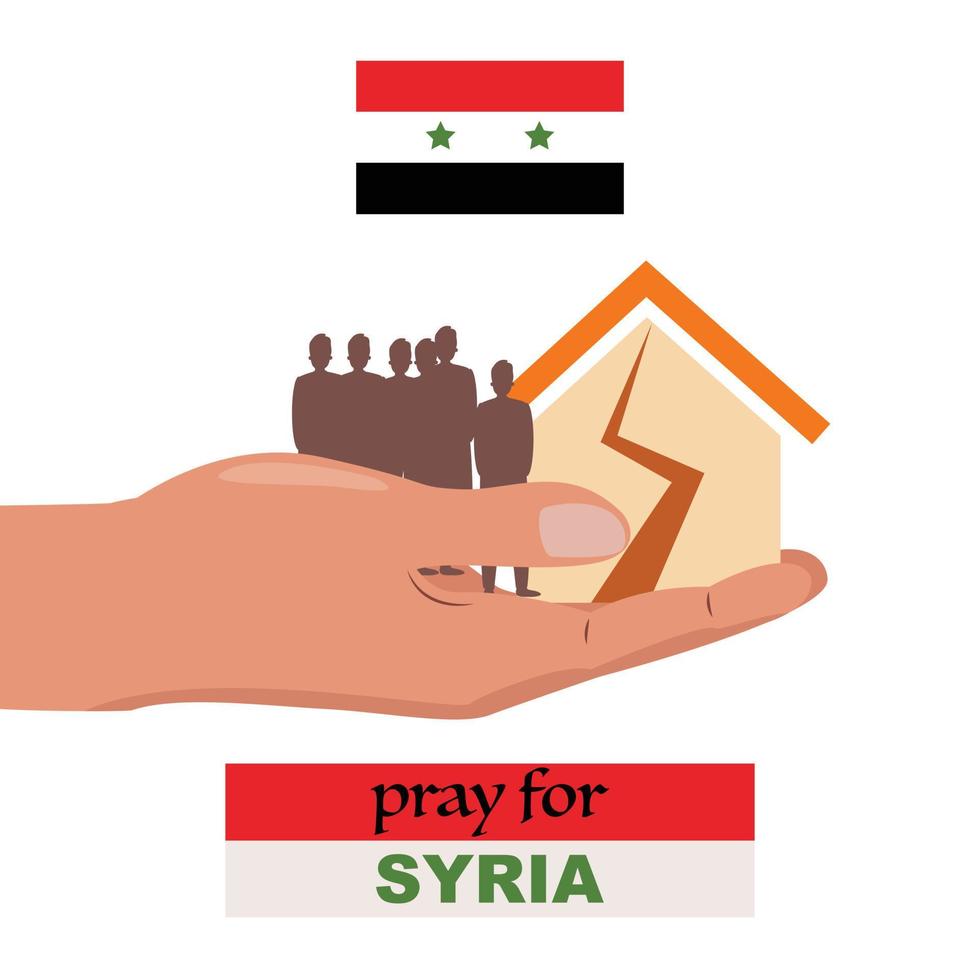 bidden voor Syrië poster met een hand, mensen, huis. ondersteuning en gebed voor aardbeving slachtoffers in Syrië. vector