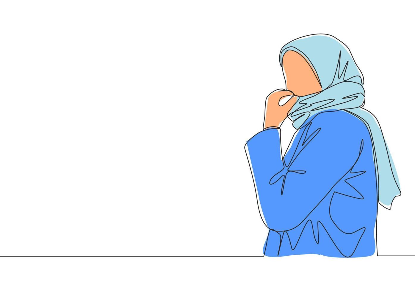 een single lijn tekening van jong gelukkig muslimah meisje Aan sluier aan het bedekken mond met sjaal. mooi Aziatisch Dames model- in modieus hijab mode concept doorlopend lijn trek ontwerp vector illustratie