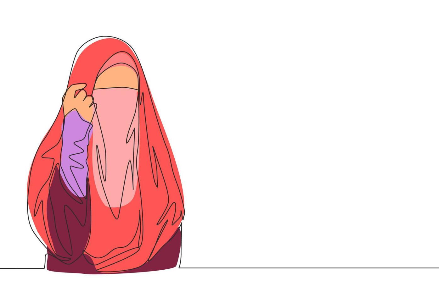 een single lijn tekening van jong gelukkig aantrekkelijk Aziatisch muslimah vervelend boerka en houding netjes. traditioneel mooi Arabisch vrouw Niqab kleding concept doorlopend lijn trek ontwerp vector illustratie