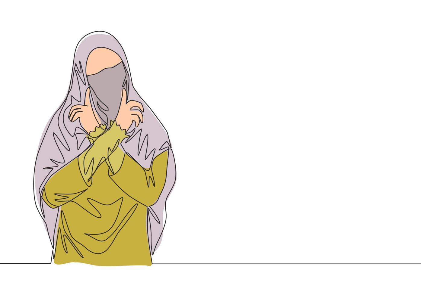 single doorlopend lijn tekening van jong schoonheid schattig midden- oosten- muslimah vervelend boerka met sluier. traditioneel mooi moslim vrouw Niqab met hijab concept een lijn trek ontwerp vector illustratie