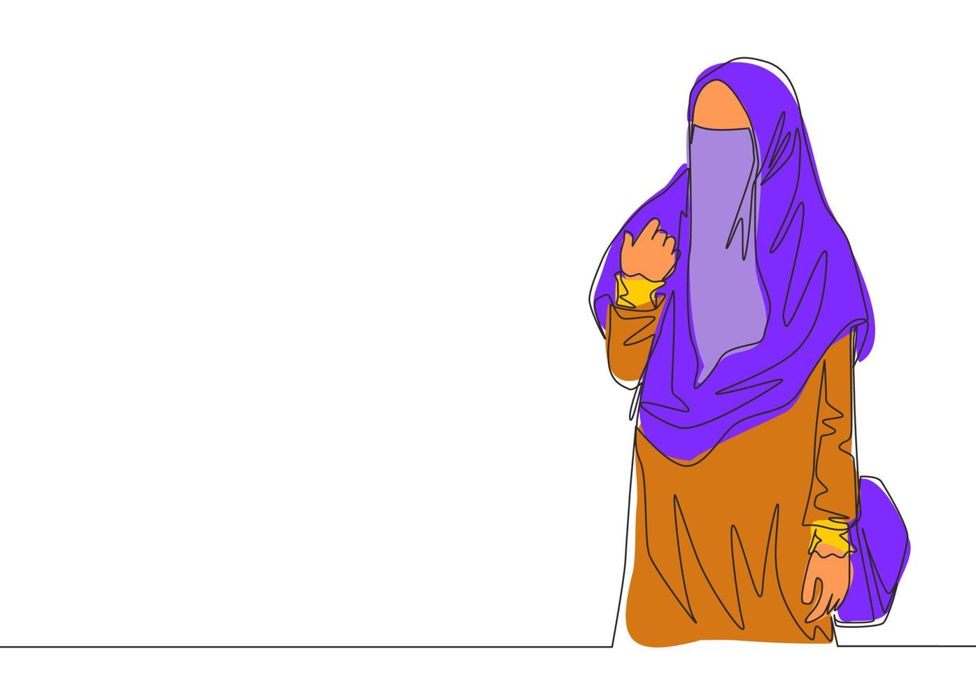 een doorlopend lijn tekening van jong aantrekkelijk Aziatisch muslimah vervelend boerka terwijl draag- zak tas. traditioneel schoonheid Islamitisch vrouw Niqab jurk concept single lijn trek ontwerp vector illustratie