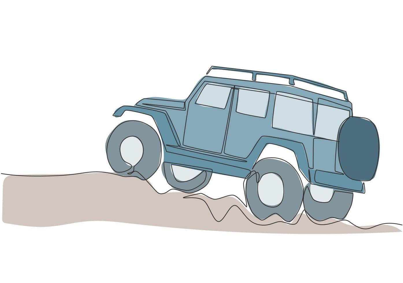 single lijn tekening van taai 4x4 snelheid spoor jeep auto. avontuur van de weg af rally voertuig vervoer concept. een doorlopend lijn trek ontwerp vector