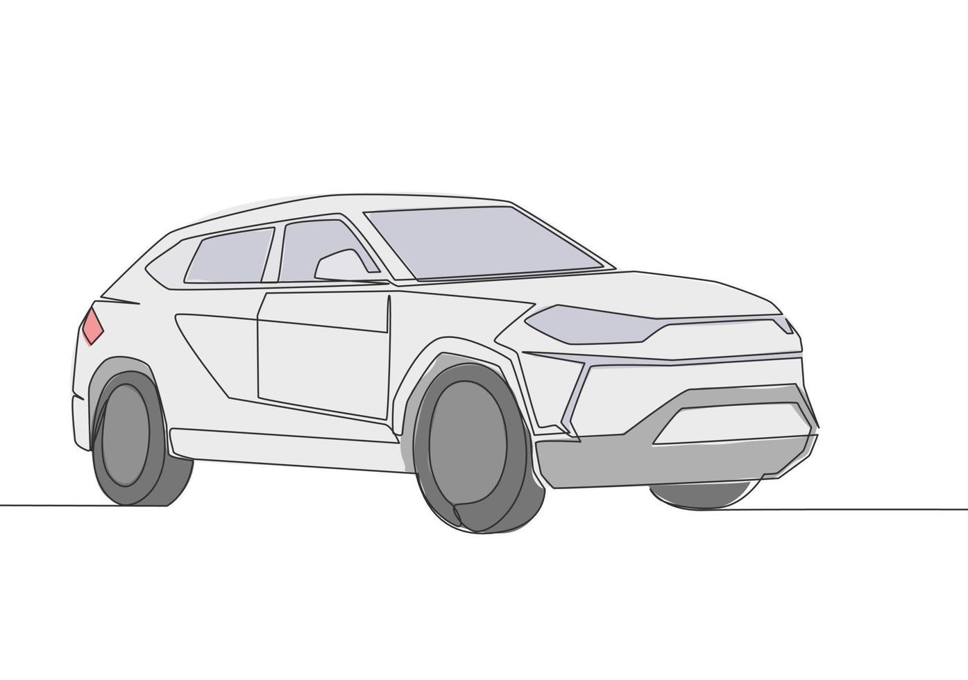 een lijn tekening van taai groot suv auto. familie comfortabel en veilig voertuig vervoer concept. single doorlopend lijn trek ontwerp vector