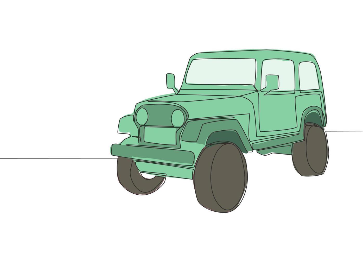 single lijn tekening van 4x4 snelheid spoor heuvel jeep auto. van de weg af avontuur rally voertuig vervoer concept. een doorlopend lijn trek ontwerp vector