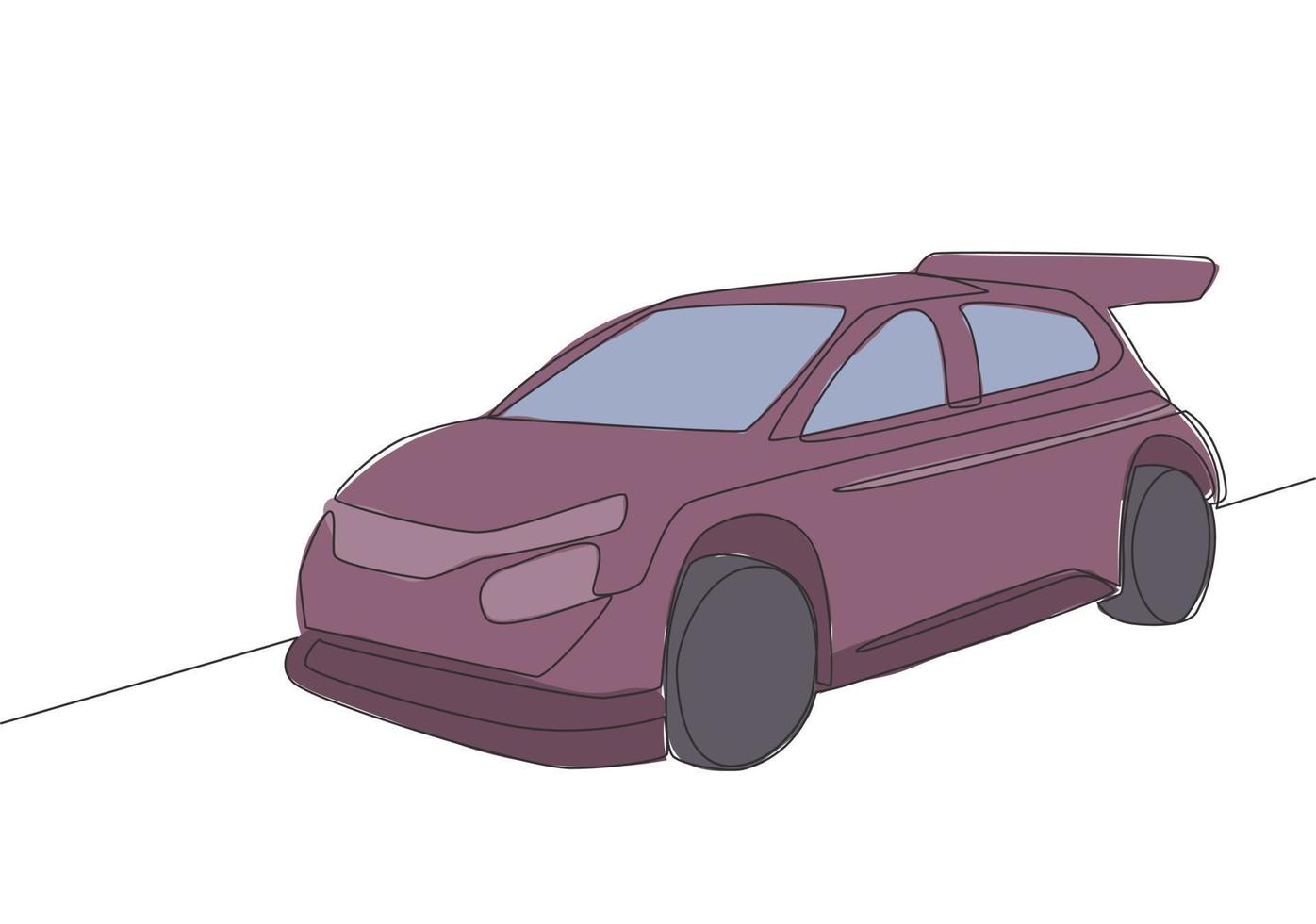 een lijn tekening van rally en afdrijven sportief sedan auto. voertuig vervoer concept. single doorlopend lijn trek ontwerp vector
