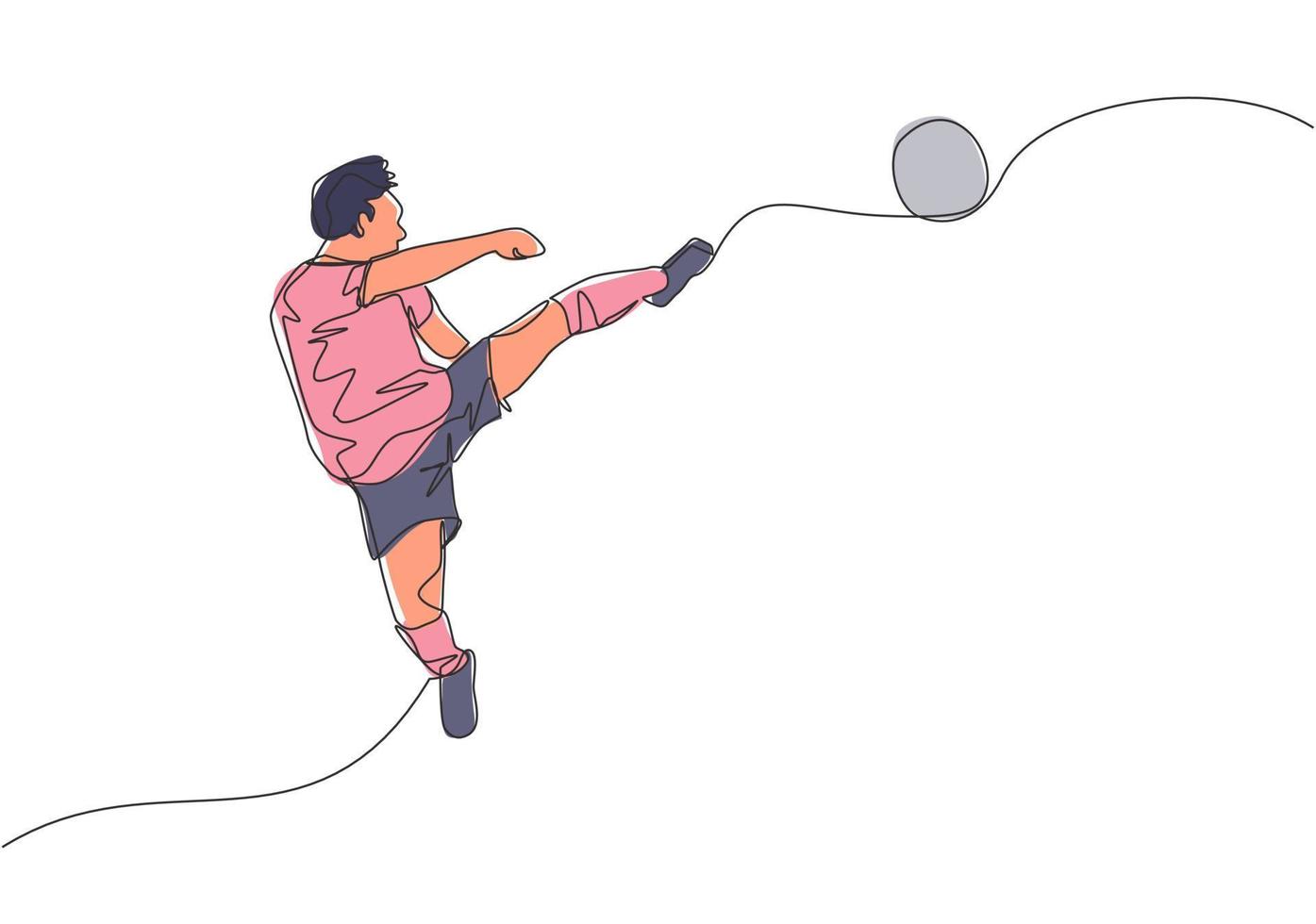 een single lijn tekening van jong gelukkig Amerikaans voetbal speler praktijk schoppen de bal terwijl jumping Bij de veld- stadion. voetbal bij elkaar passen sport- concept. doorlopend lijn trek ontwerp vector illustratie