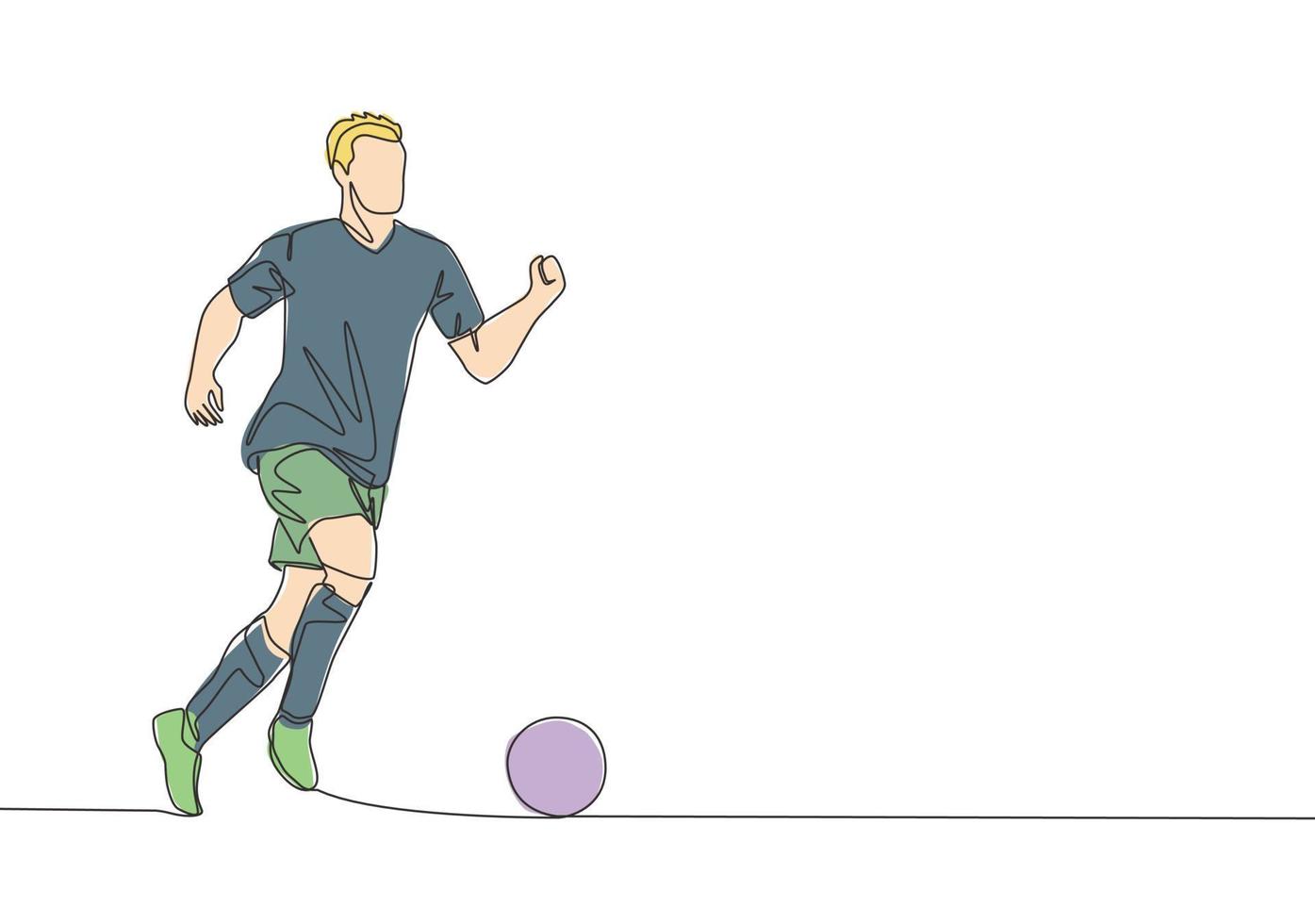 een doorlopend lijn tekening van jong energiek Amerikaans voetbal speler dribbelen en controlerend de bal Bij de spel. voetbal bij elkaar passen sport- concept. single lijn trek ontwerp vector illustratie