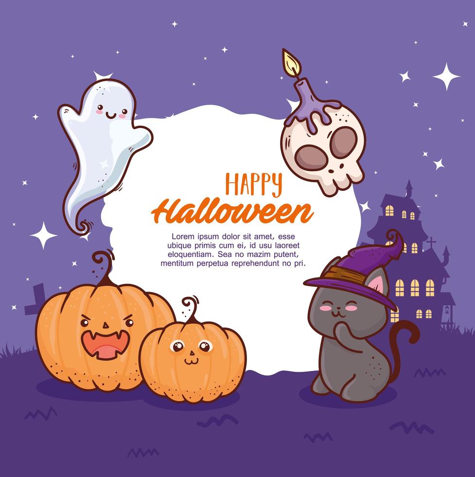 happy halloween banner en schattige karakters vector