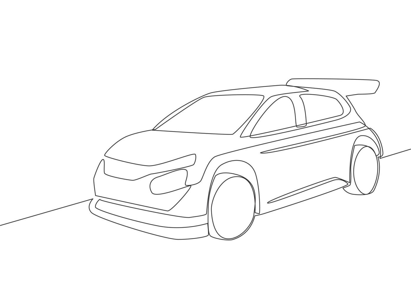 een lijn tekening van rally en afdrijven sportief sedan auto. voertuig vervoer concept. single doorlopend lijn trek ontwerp vector