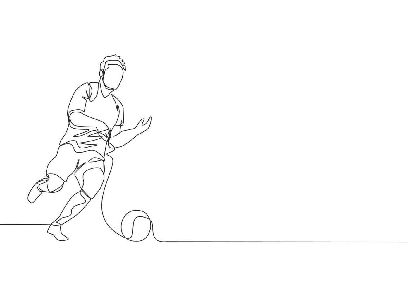 een single lijn tekening van jong energiek Amerikaans voetbal middenvelder dribbelen de bal Bij de spel. voetbal bij elkaar passen sport- concept. doorlopend lijn trek ontwerp vector illustratie