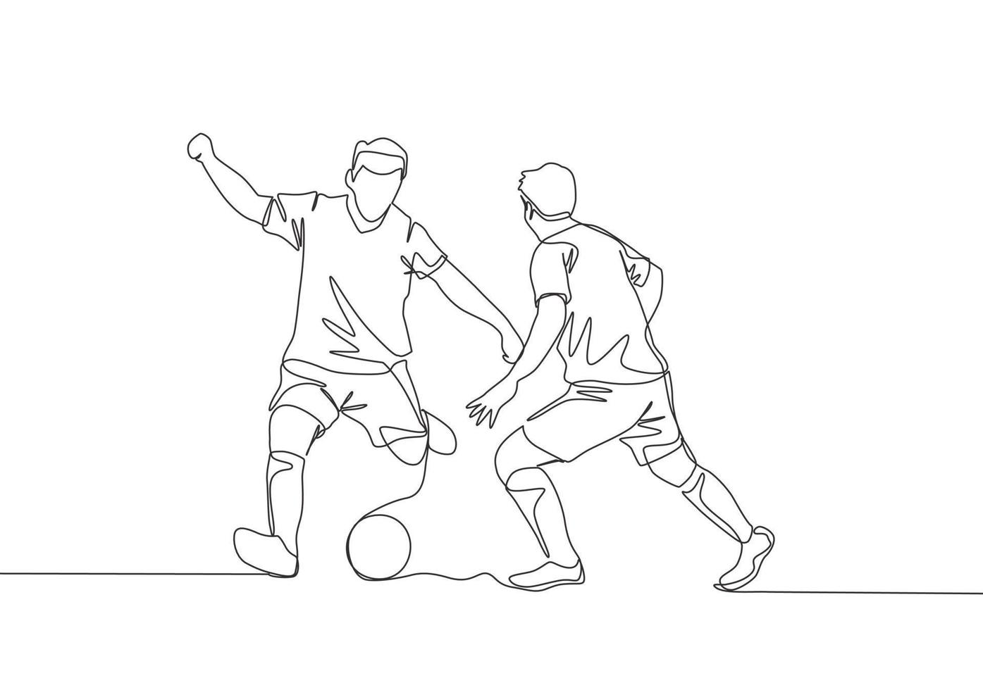 een doorlopend lijn tekening van jong energiek Amerikaans voetbal spits dribbelen bal voorbij gaan aan de tegenstander verdediger. voetbal bij elkaar passen sport- concept. single lijn trek ontwerp vector illustratie