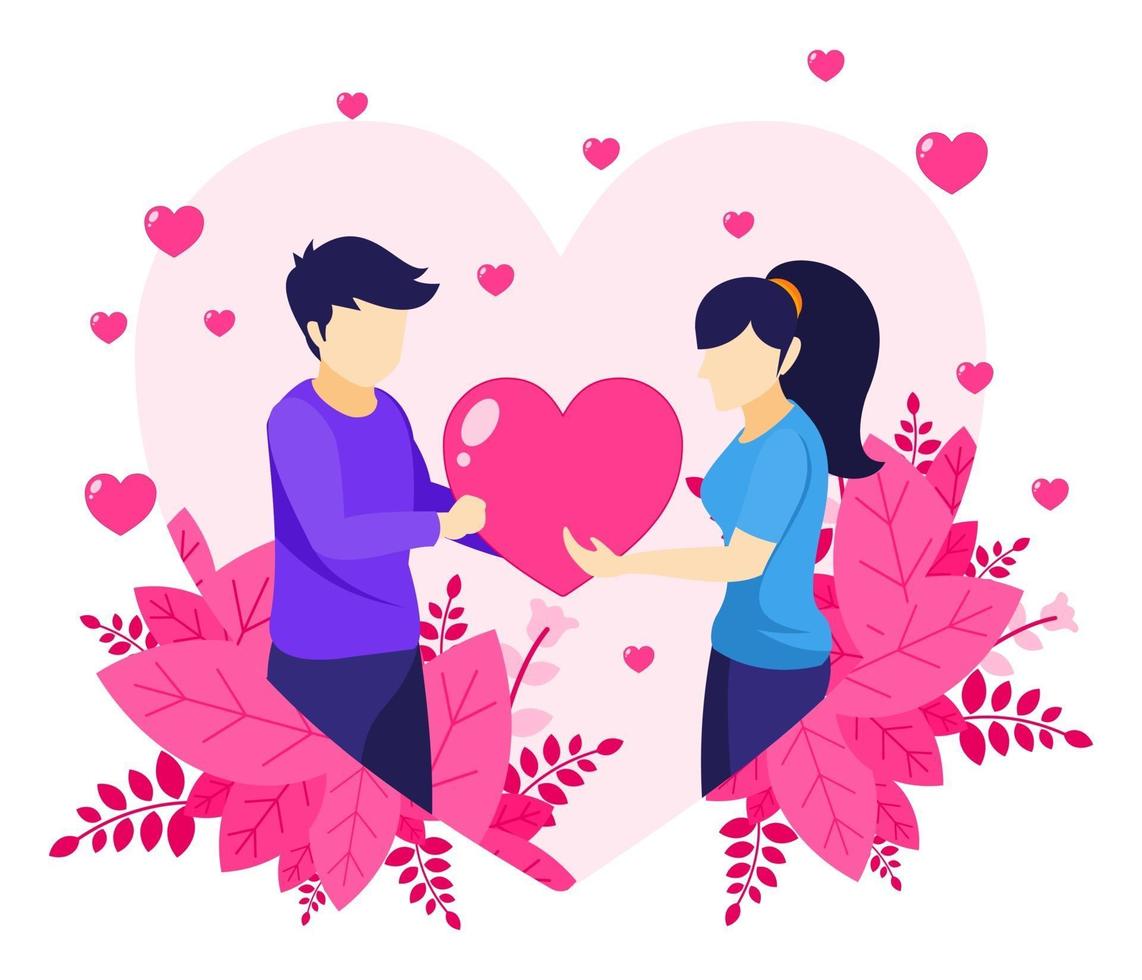 een man drukt liefde uit door een hartsymbool aan een vrouw te geven vector