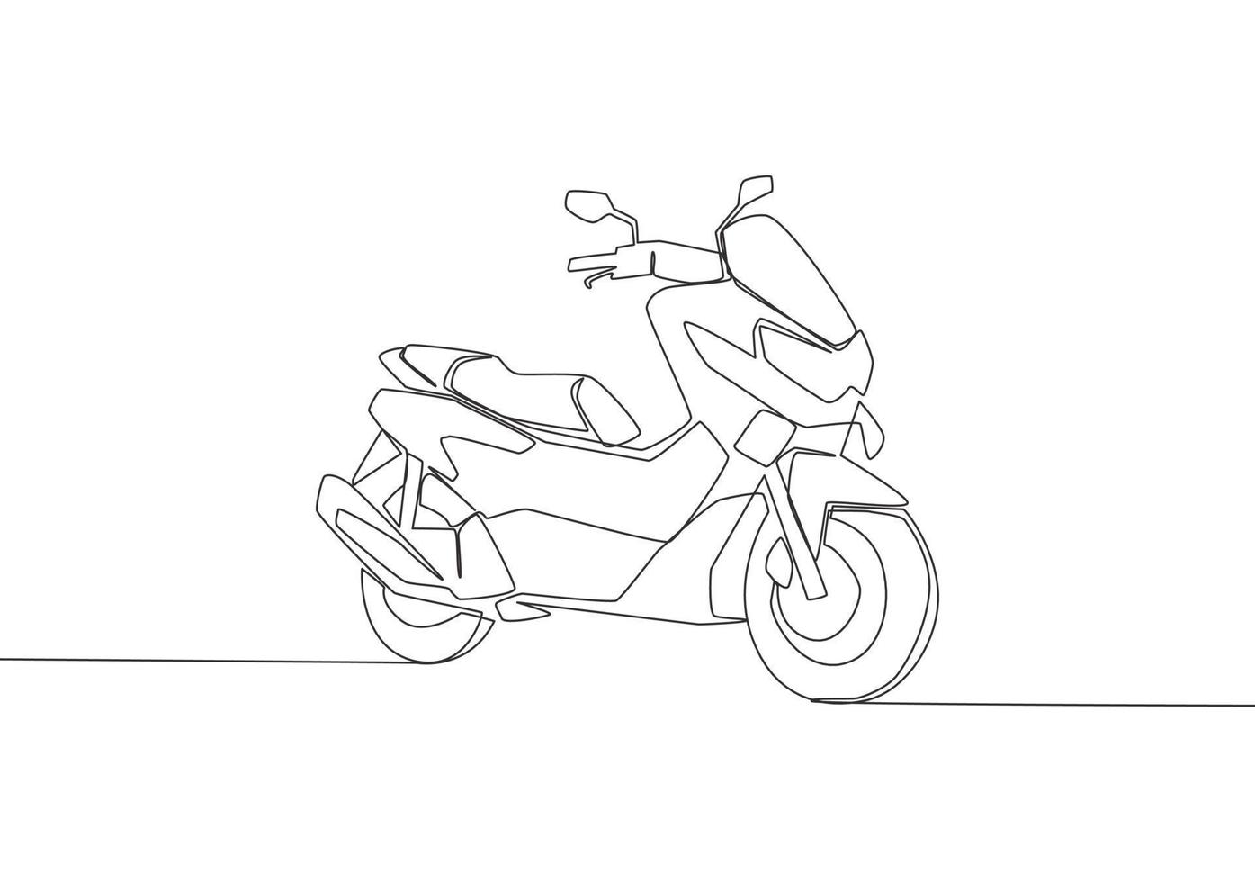 een single lijn tekening van groot onderbeen scooter motor logo. stad voertuig motorfiets concept. doorlopend lijn trek ontwerp vector illustratie